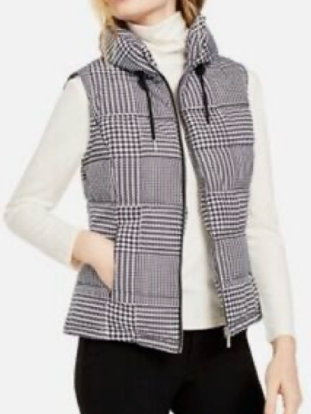 Calvin Klein Puffer Vest Zip Front High Collar Houndstooth Print Black/White